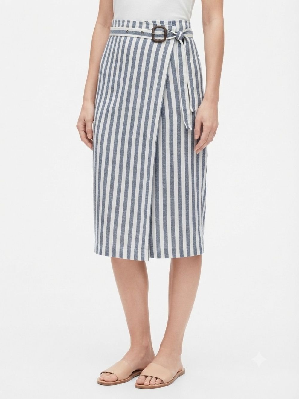 Anthropologie Blue and White Vertical Stripe Wrap Midi Skirt